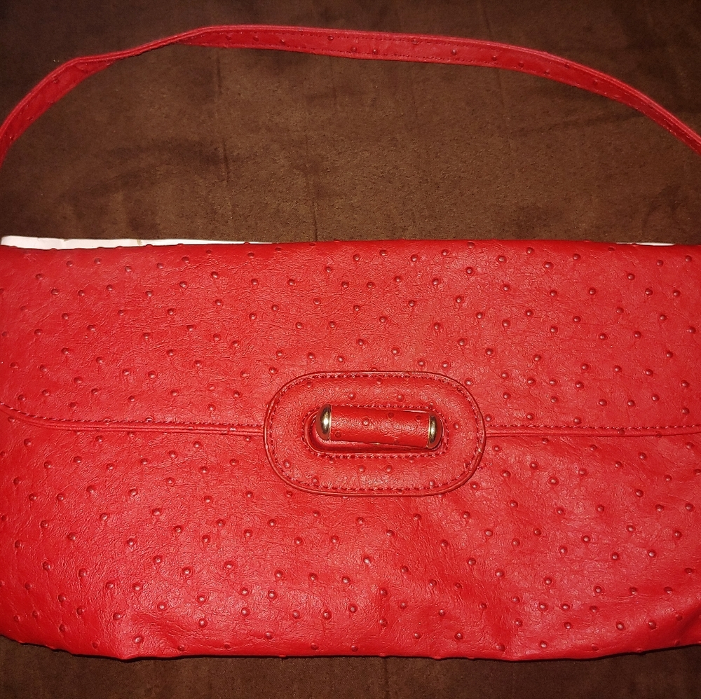 Avon Oversized Red Ostrich Embossed Clutch Purse